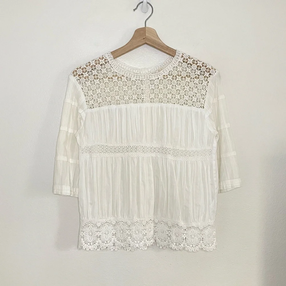 Maje Crochet Lace Yoke Button Back Cotton Top Ivory Small